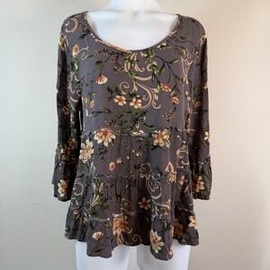 Lily White Floral Peplum Boho Top Bell Sleeve Criss Cross Back Large Cottagecore